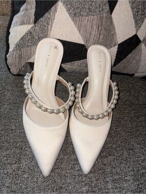 DSW Kelly & Katie Pearl-Trimmed Ivory Pointed Slip-On Mules